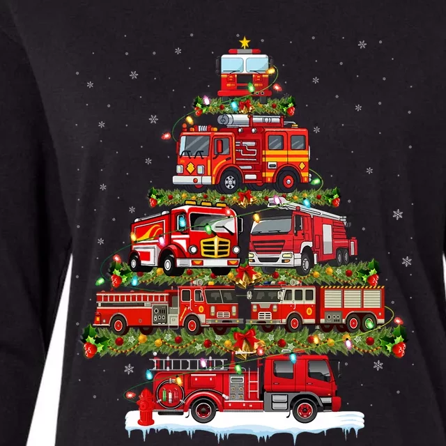 Fire Truck Xmas Lights Firefighter Fire Truck Christmas Tree Womens Cotton Relaxed Long Sleeve T-Shirt