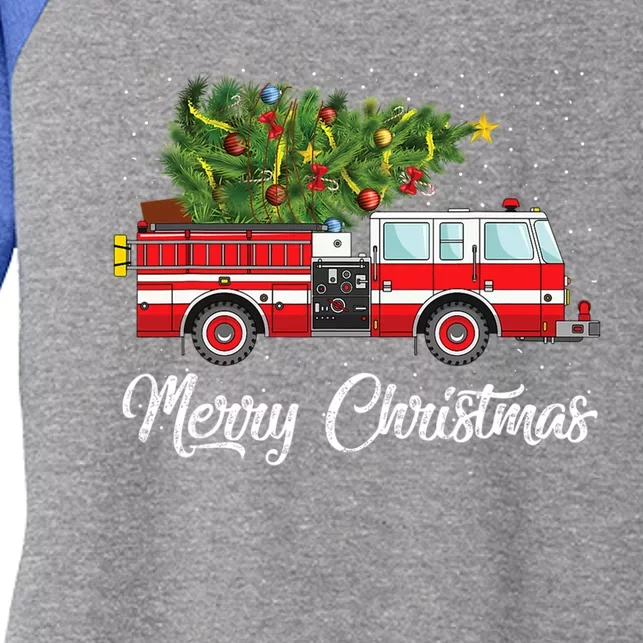 Fire Truck Xmas Tree Funny Firefighter Gift Merry Christmas Gift Women's Tri-Blend 3/4-Sleeve Raglan Shirt