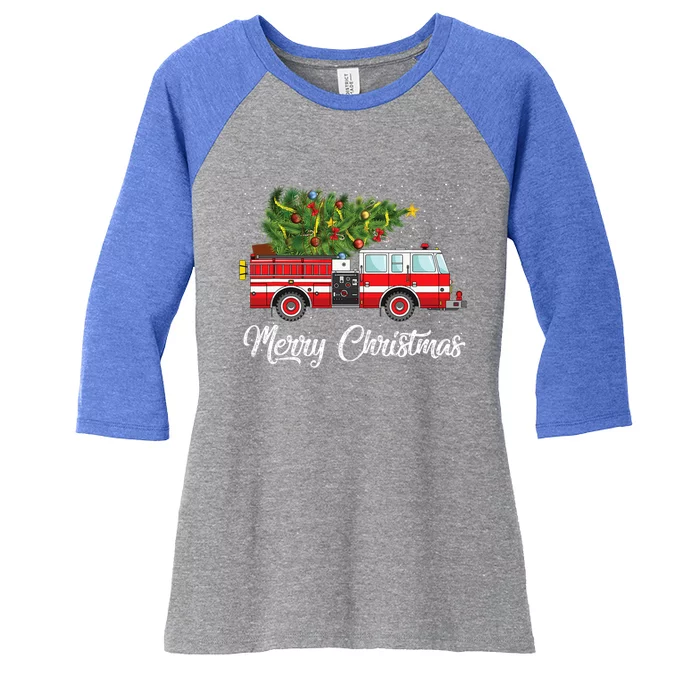 Fire Truck Xmas Tree Funny Firefighter Gift Merry Christmas Gift Women's Tri-Blend 3/4-Sleeve Raglan Shirt