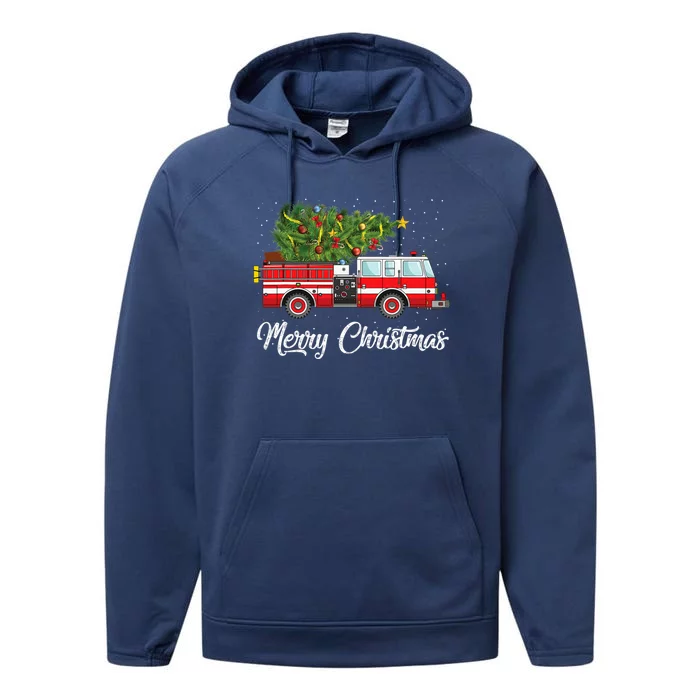 Fire Truck Xmas Tree Funny Firefighter Gift Merry Christmas Gift Performance Fleece Hoodie