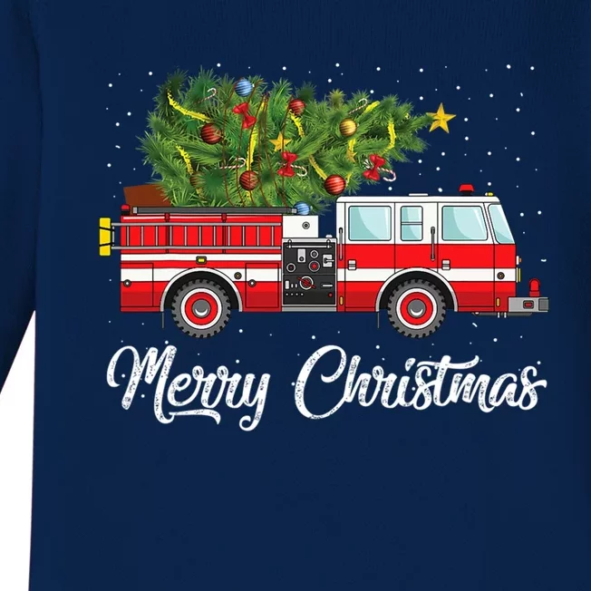 Fire Truck Xmas Tree Funny Firefighter Gift Merry Christmas Gift Baby Long Sleeve Bodysuit