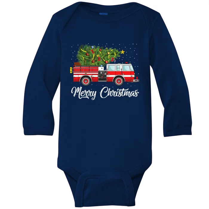 Fire Truck Xmas Tree Funny Firefighter Gift Merry Christmas Gift Baby Long Sleeve Bodysuit