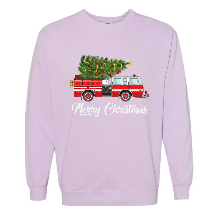 Fire Truck Xmas Tree Funny Firefighter Gift Merry Christmas Gift Garment-Dyed Sweatshirt