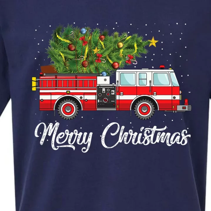 Fire Truck Xmas Tree Funny Firefighter Gift Merry Christmas Gift Sueded Cloud Jersey T-Shirt