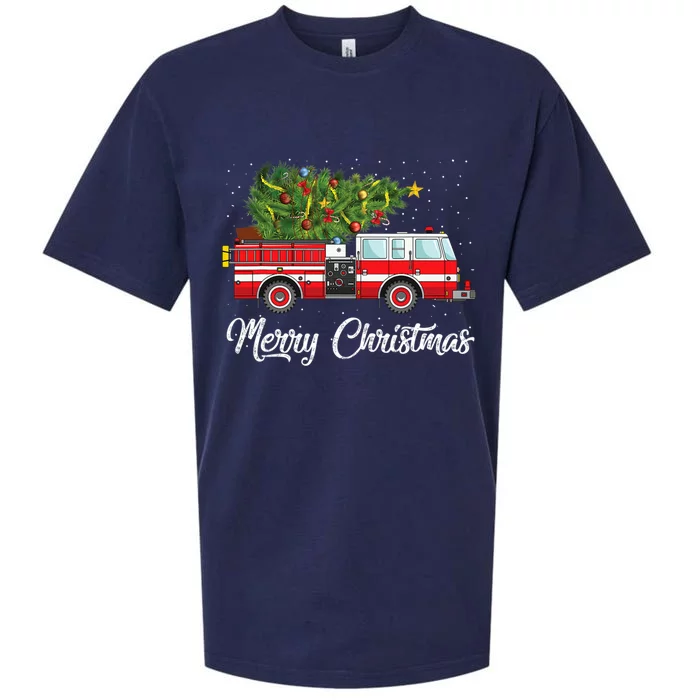 Fire Truck Xmas Tree Funny Firefighter Gift Merry Christmas Gift Sueded Cloud Jersey T-Shirt