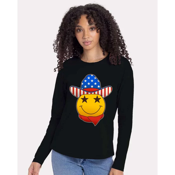 Funny USA American Flag Cowboy Smiley Emoji Womens Cotton Relaxed Long Sleeve T-Shirt