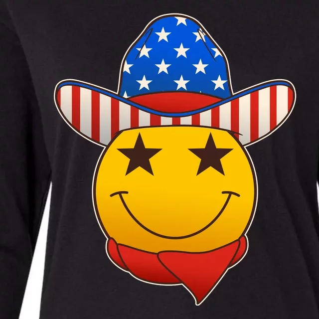 Funny USA American Flag Cowboy Smiley Emoji Womens Cotton Relaxed Long Sleeve T-Shirt