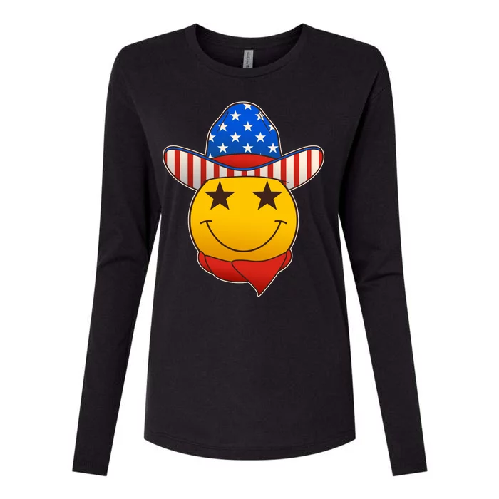 Funny USA American Flag Cowboy Smiley Emoji Womens Cotton Relaxed Long Sleeve T-Shirt