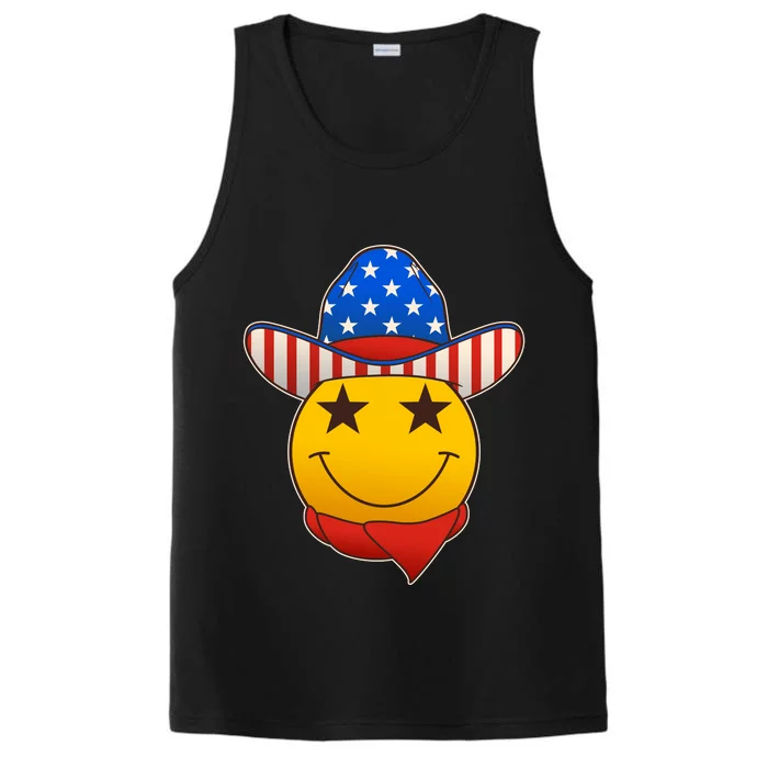 Funny USA American Flag Cowboy Smiley Emoji Performance Tank