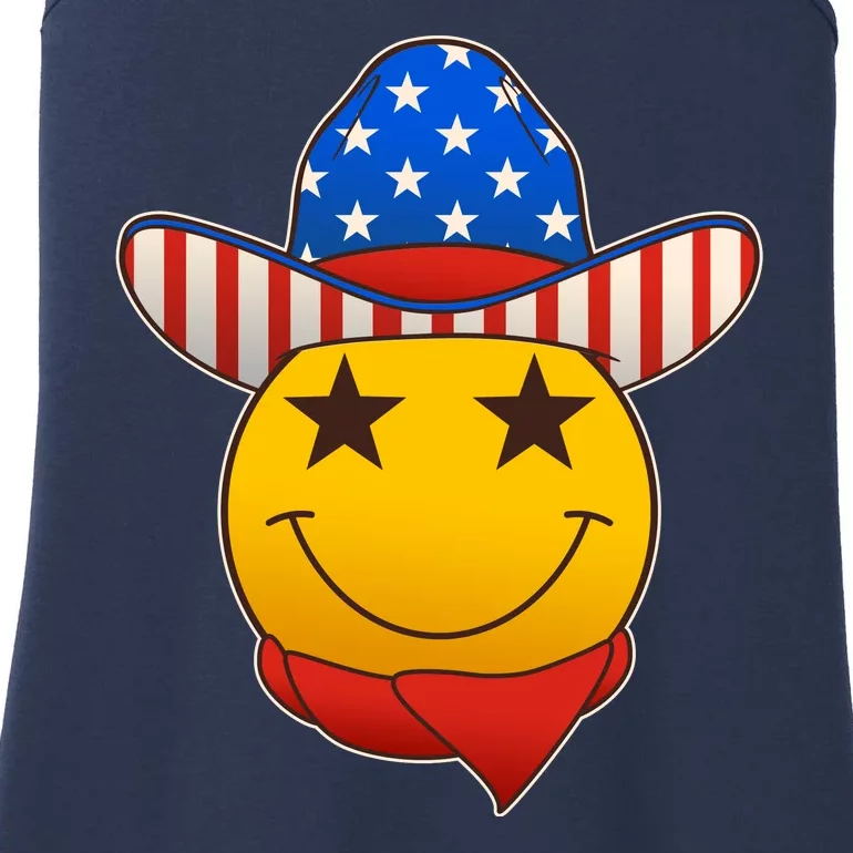 Funny USA American Flag Cowboy Smiley Emoji Ladies Essential Tank