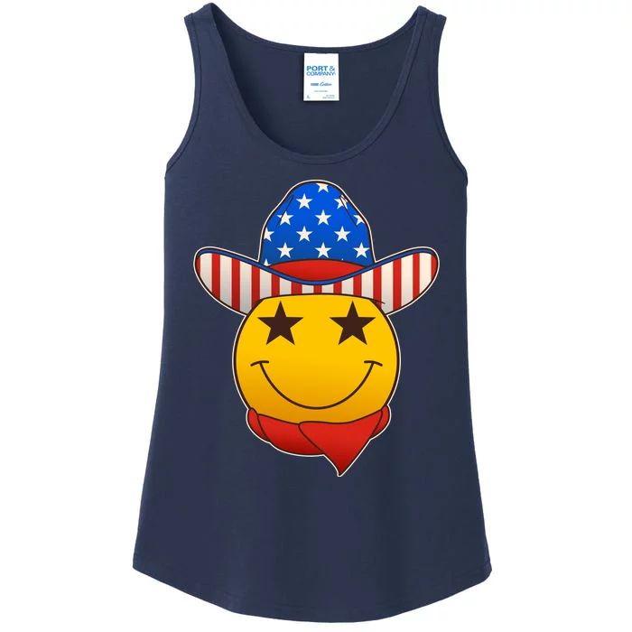 Funny USA American Flag Cowboy Smiley Emoji Ladies Essential Tank