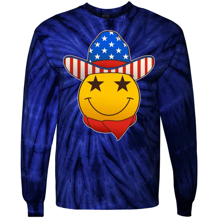 Funny USA American Flag Cowboy Smiley Emoji Tie-Dye Long Sleeve Shirt