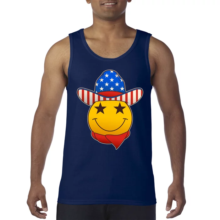 Funny USA American Flag Cowboy Smiley Emoji Tank Top