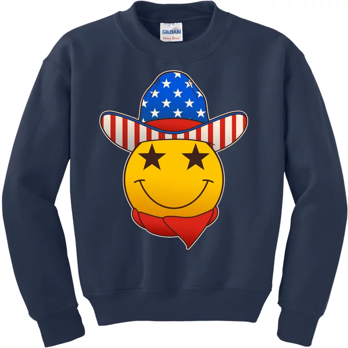 Funny USA American Flag Cowboy Smiley Emoji Kids Sweatshirt