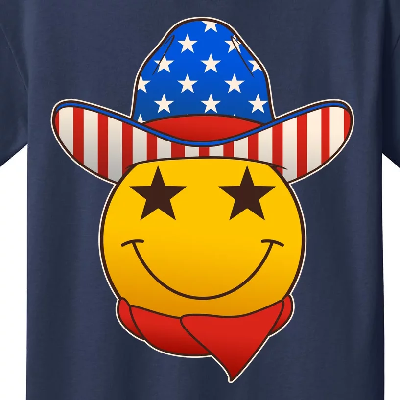 Funny USA American Flag Cowboy Smiley Emoji Kids T-Shirt