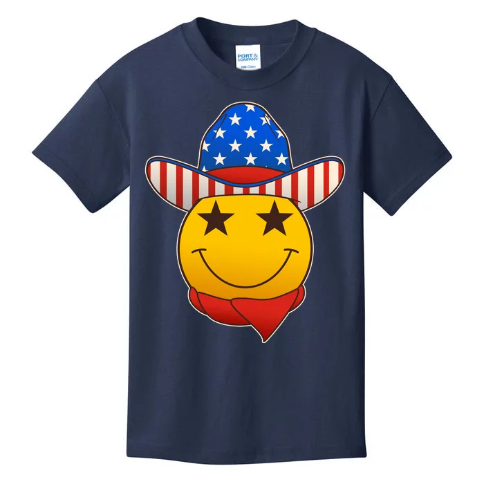 Funny USA American Flag Cowboy Smiley Emoji Kids T-Shirt