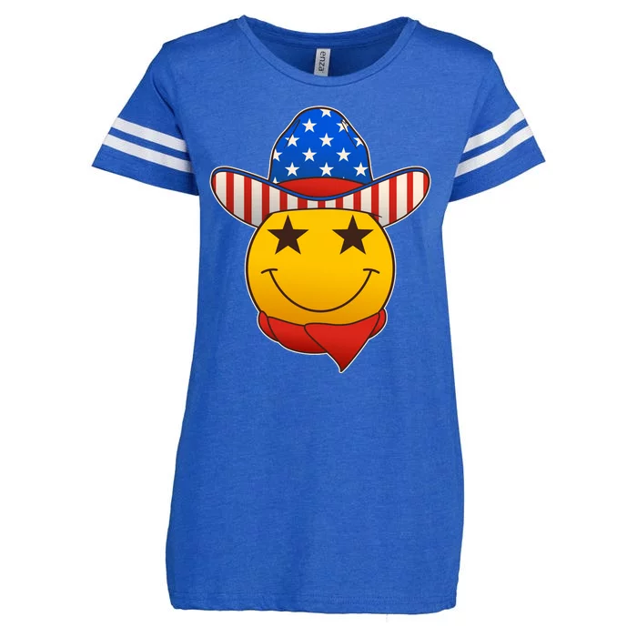 Funny USA American Flag Cowboy Smiley Emoji Enza Ladies Jersey Football T-Shirt