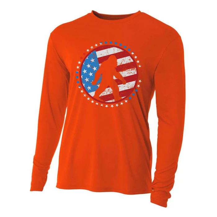 Funny USA American Flag Bigfoot Sasquatch Emblem Cooling Performance Long Sleeve Crew