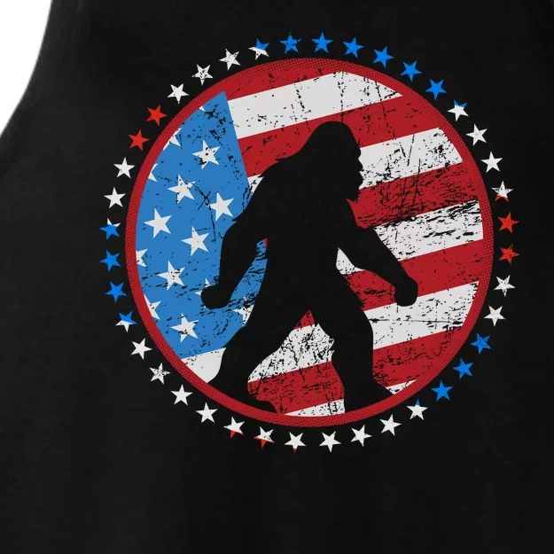 Funny USA American Flag Bigfoot Sasquatch Emblem Ladies Tri-Blend Wicking Tank