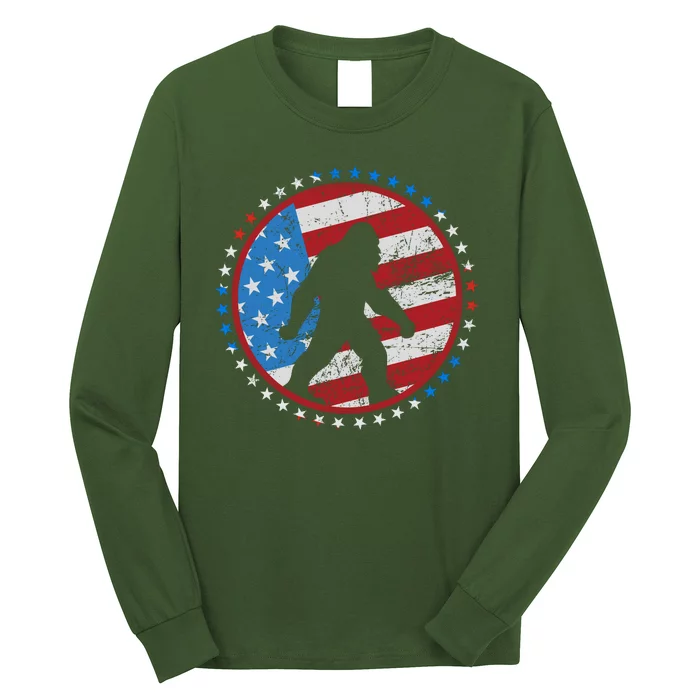 Funny USA American Flag Bigfoot Sasquatch Emblem Long Sleeve Shirt