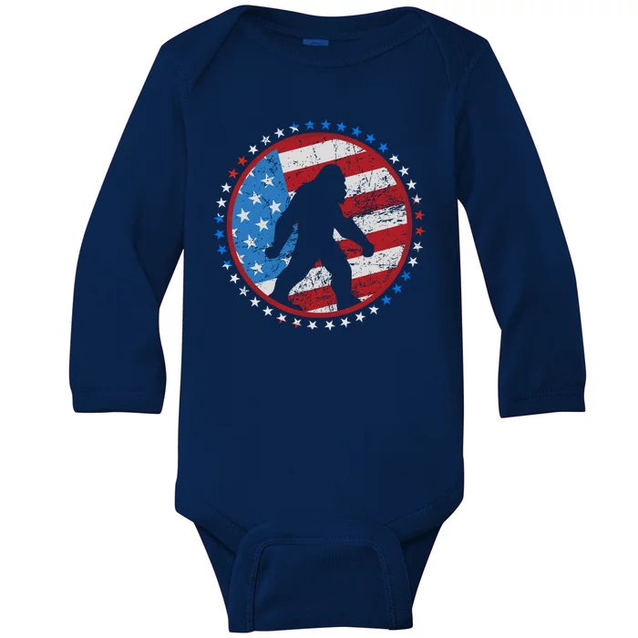 Funny USA American Flag Bigfoot Sasquatch Emblem Baby Long Sleeve Bodysuit