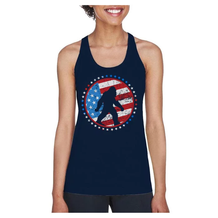 Funny USA American Flag Bigfoot Sasquatch Emblem Women's Racerback Tank