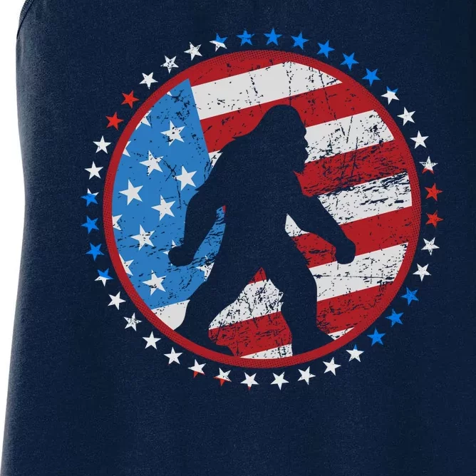 Funny USA American Flag Bigfoot Sasquatch Emblem Women's Racerback Tank