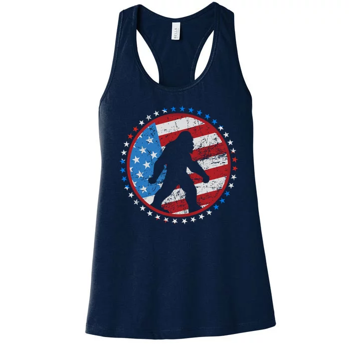 Funny USA American Flag Bigfoot Sasquatch Emblem Women's Racerback Tank