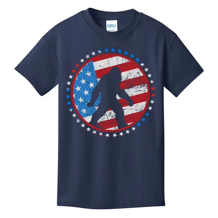 Funny USA American Flag Bigfoot Sasquatch Emblem Kids T-Shirt