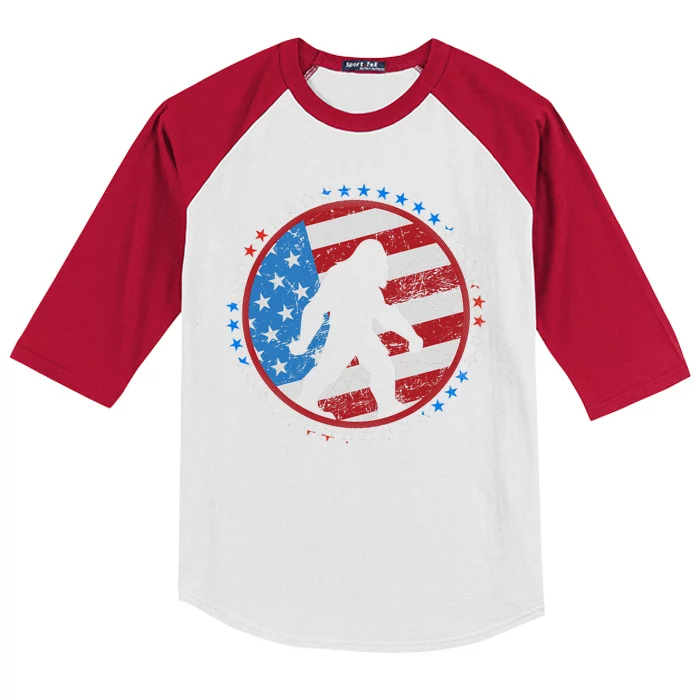 Funny USA American Flag Bigfoot Sasquatch Emblem Kids Colorblock Raglan Jersey