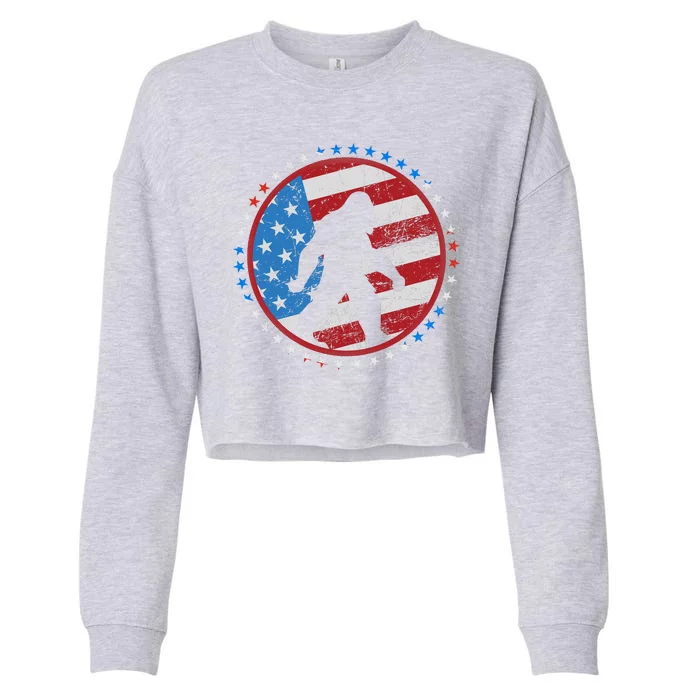 Funny USA American Flag Bigfoot Sasquatch Emblem Cropped Pullover Crew