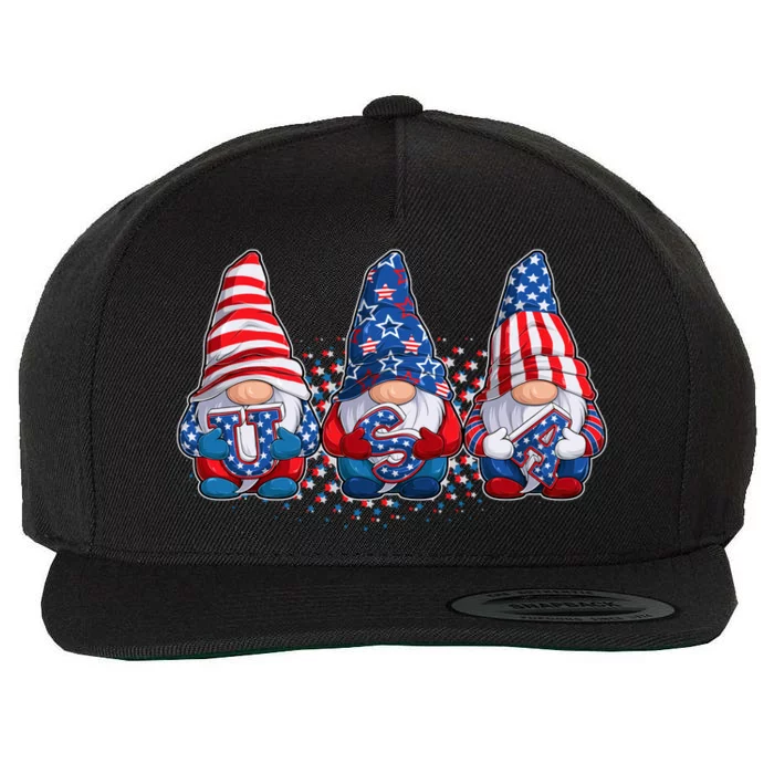 Funny USA American Flag 4th Of July Gnomes Wool Snapback Cap