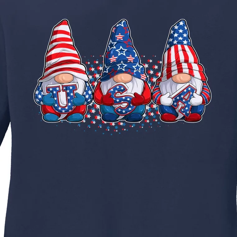 Funny USA American Flag 4th Of July Gnomes Ladies Long Sleeve Shirt