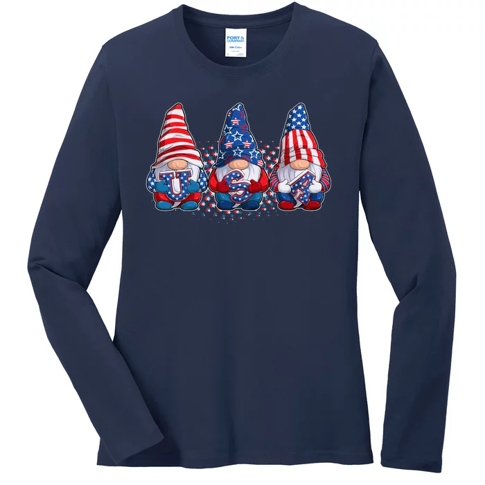 Funny USA American Flag 4th Of July Gnomes Ladies Long Sleeve Shirt