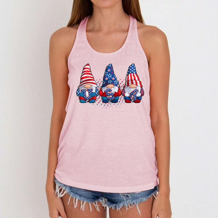 Funny USA American Flag 4th Of July Gnomes Women's Knotted Racerback Tank