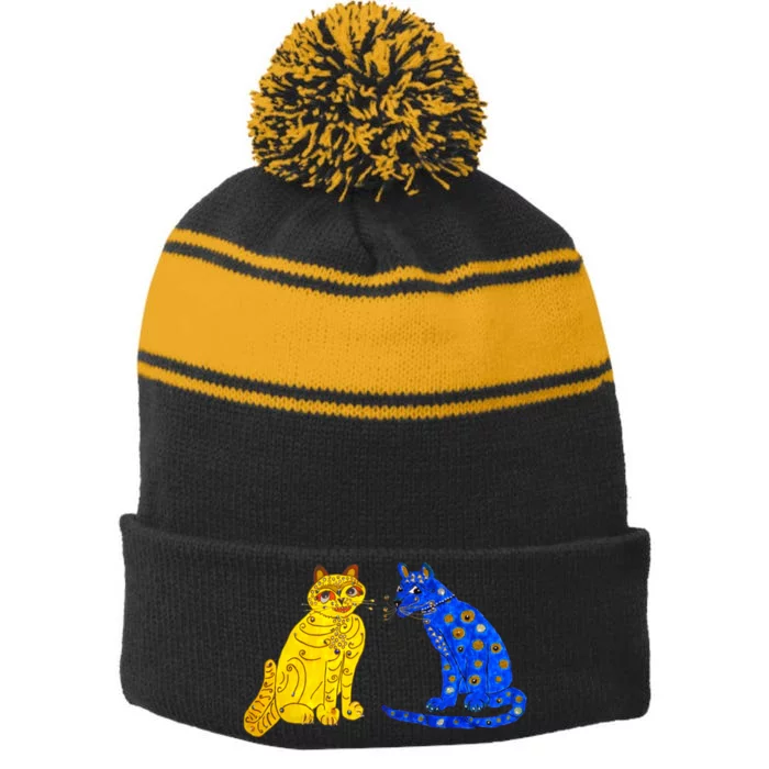 Funny Ugly Blue Cat And Ugly Yellow Cat Stripe Pom Pom Beanie