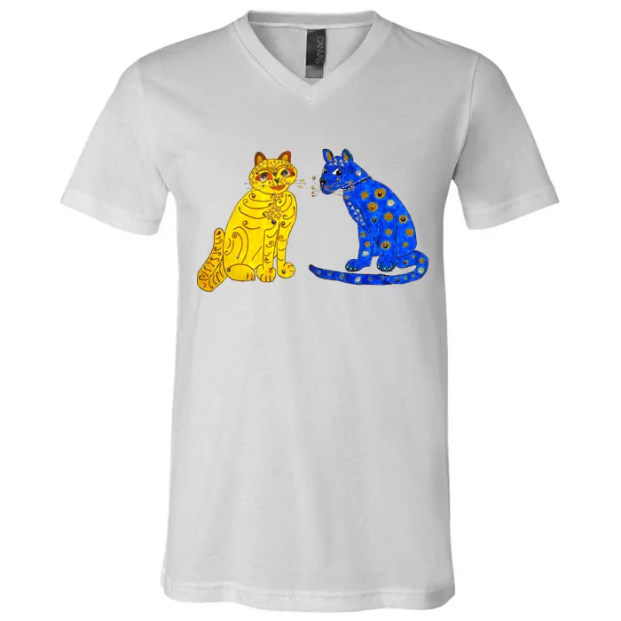 Funny Ugly Blue Cat And Ugly Yellow Cat V-Neck T-Shirt