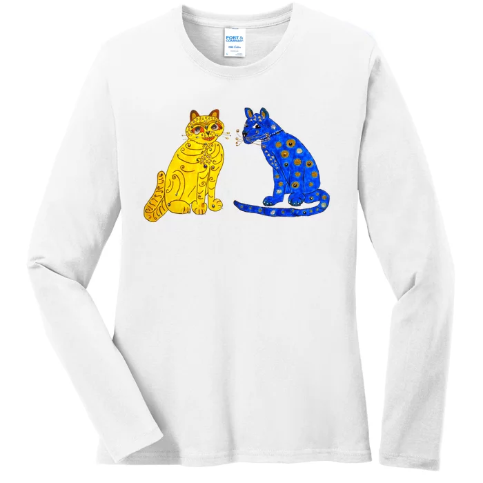 Funny Ugly Blue Cat And Ugly Yellow Cat Ladies Long Sleeve Shirt