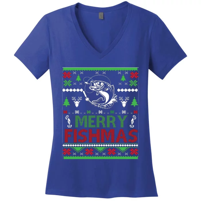 Fishing Ugly Christmas Bass Fish Merry Fishmas Gift Women's V-Neck T-Shirt