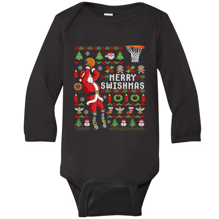 Funny Ugly Christmas Merry Swishmas Basketball Gift Baby Long Sleeve Bodysuit