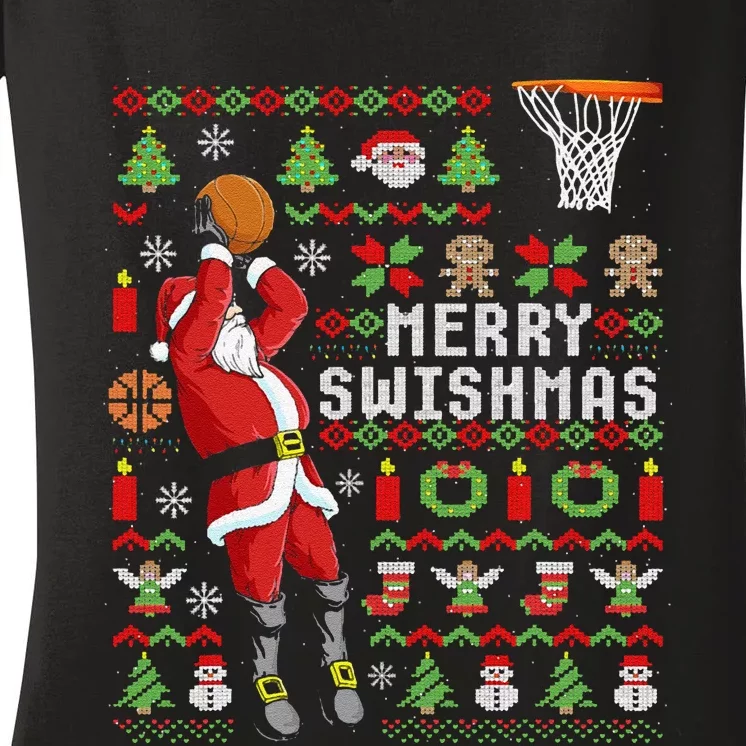 Funny Ugly Christmas Merry Swishmas Basketball Gift Women's V-Neck T-Shirt