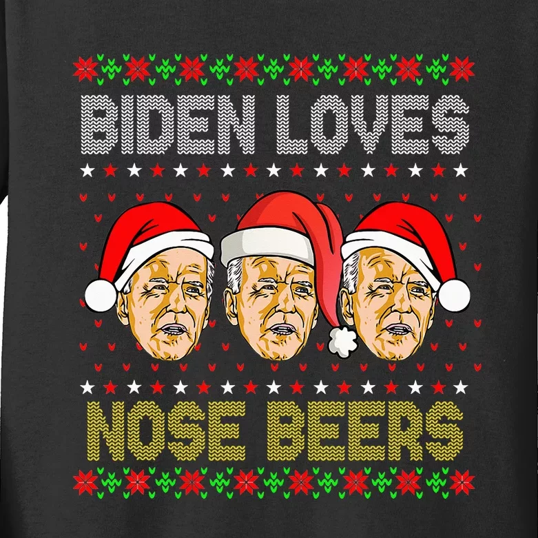 Funny Ugly Christmas Biden Loves Nose Beers Kids Long Sleeve Shirt