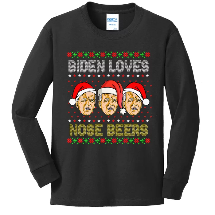 Funny Ugly Christmas Biden Loves Nose Beers Kids Long Sleeve Shirt