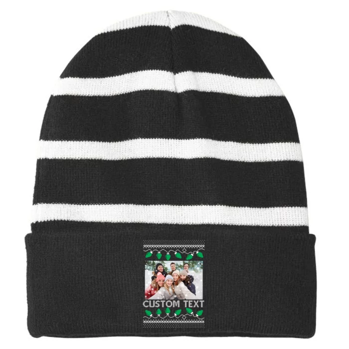 Family Ugly Christmas Sweater Design Custom Photo Text Striped Beanie with Solid Band