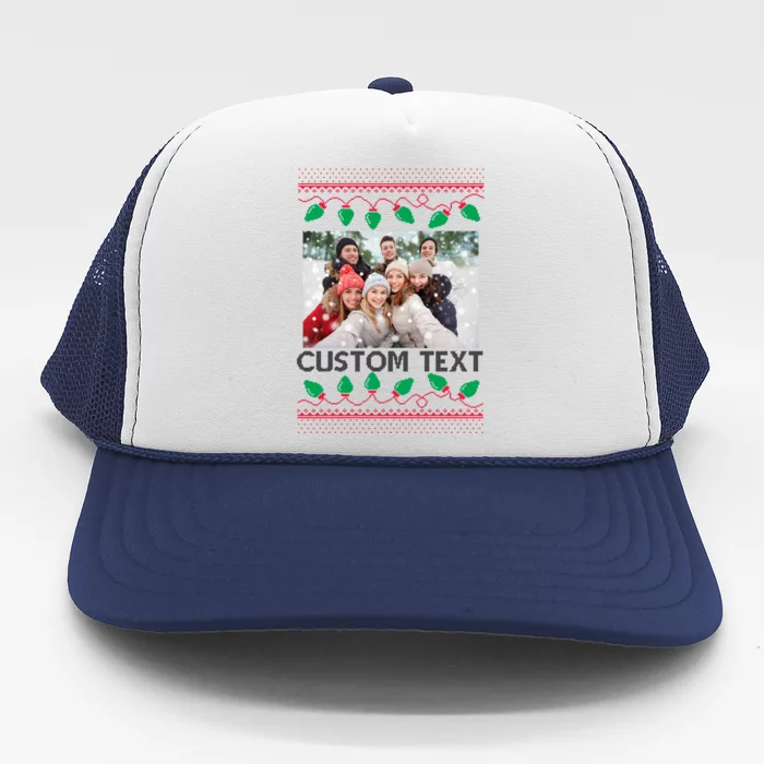 Family Ugly Christmas Sweater Design Custom Photo Text Trucker Hat