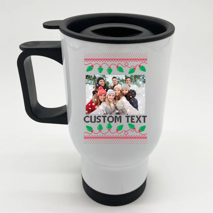 Family Ugly Christmas Sweater Design Custom Photo Text Front & Back Stainless Steel Travel Mug