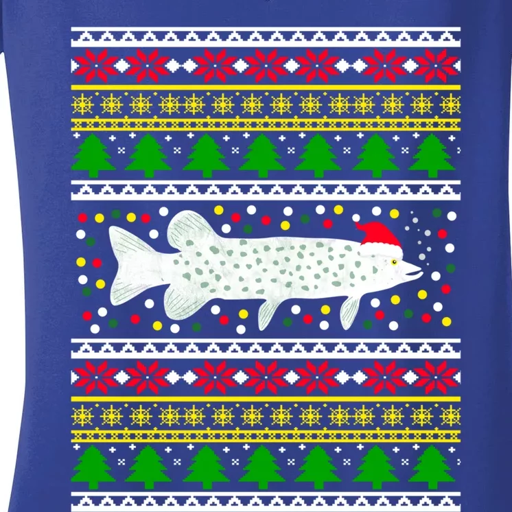 Funny Ugly Christmas Fishing Pike Xmas Fisher Pattern Cute Gift Women's V-Neck T-Shirt