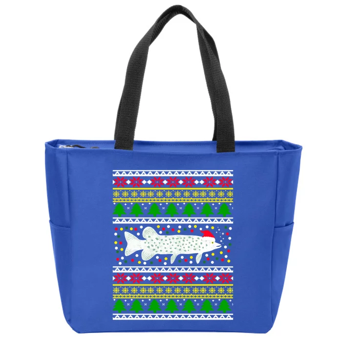 Funny Ugly Christmas Fishing Pike Xmas Fisher Pattern Cute Gift Zip Tote Bag