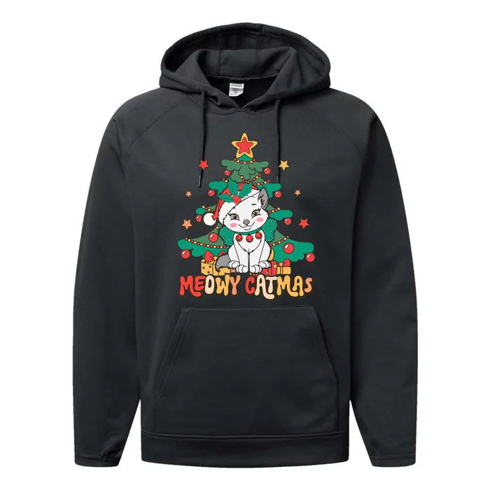 Funny Ugly Christmas Sweater Meowy Catmas Merry Catmas Girls Performance Fleece Hoodie