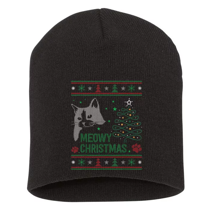 Funny Ugly Christmas Sweater Meowy Catmas Merry Catmas Xmas Short Acrylic Beanie